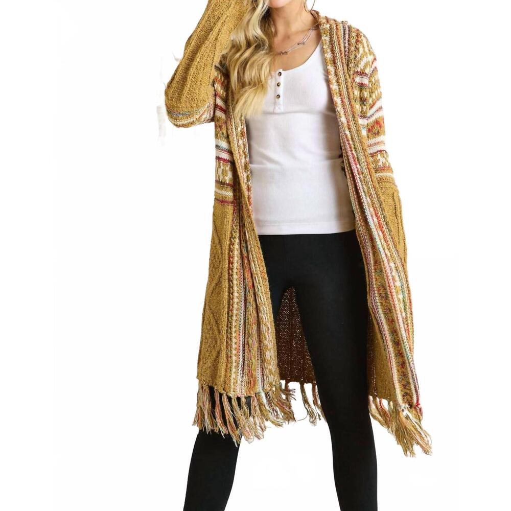 NEW ADORA maya fringe hem aztec cardigan in mustard